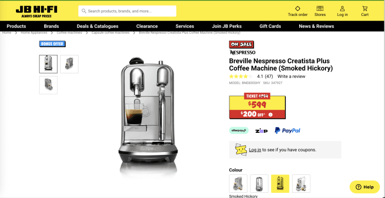 JB Hi-Fi: Breville Nespresso Creatista Plus Coffee Machine (Smoked Hickory) – was $799, now $599